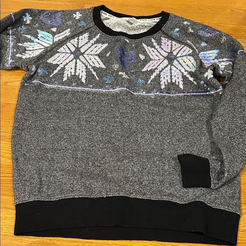 PINK Victoria's Secret Gray and Purple Snowflake Sweater